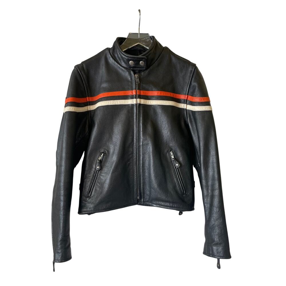 Vintage Leather Moto Biker Jacket Orange White Stripe Womens Size Small